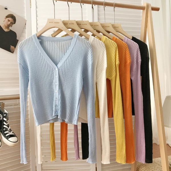 

women's knits & tees summer clothing external wear short high waist knitting sweater cardigan sun protection girl blouse long sleeve, White