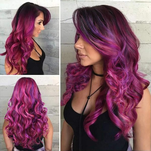 

beautiful long loose weave purple fluffy water wavy hair wigs synthetic cosplay party women's hair(24", wine red), Black