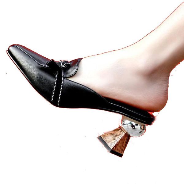

slippers 2021 arrivals strange style slipper square toe butterfly knot genuine leather slip on shoes summer spring ladies casual, Black