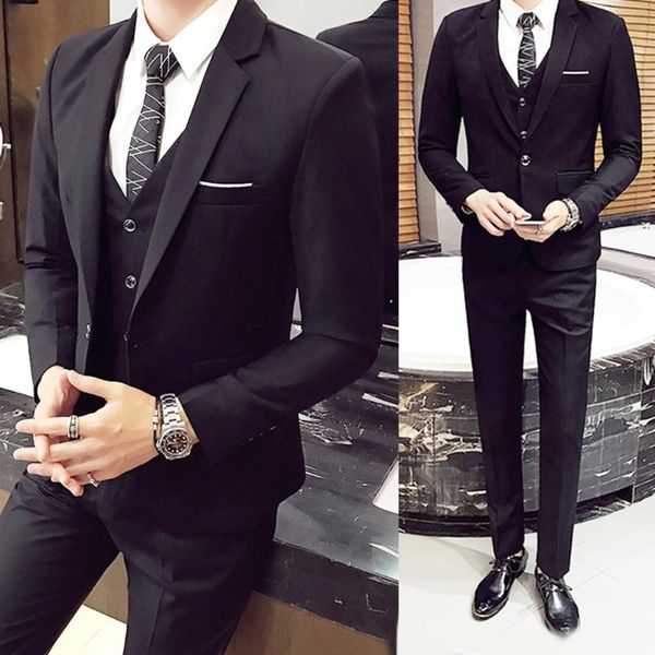 

3pcs/set luxury mens suits set grey formal blazer pants vest marriage tuxedo male business suit set terno c, Black