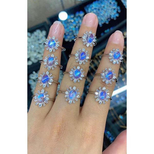 

cluster rings oval shape blue moonstone flower ring in 925 sterling silver engagement wedding ring/moonstone ring/925 jewelry, Golden;silver