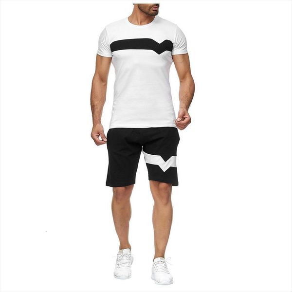 

clothing summer leisure home stripe men tracksuits color collision short sleeve t shirt shorts sports fitness thin sets jul22, Gray