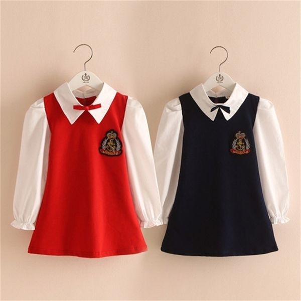 

spring autumn 2 3 4 year 100 110cm preppy style turn-down collar navy blue princess school kids girl long sleeve dress 210701, Red;yellow