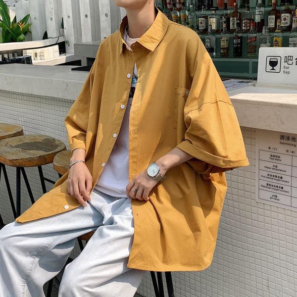 

men's casual shirts shirt oversizes korean style men hawaiian three quarter sleeve male solid color cotton loose women camisa, White;black