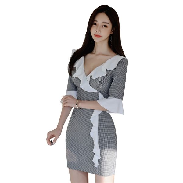 

mini gray party dress korean ladies summer half sleeve v neck ruffle sheath for women clothing 210530, Black;gray