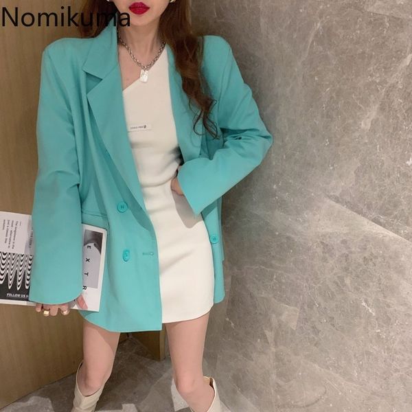 Nomikuma Çentikli Yaka Uzun Kollu Blazer Kadınlar Katı Renk Kruvaze Rahat Gevşek Ceketler Lady Chic Ropa Mujer 210514