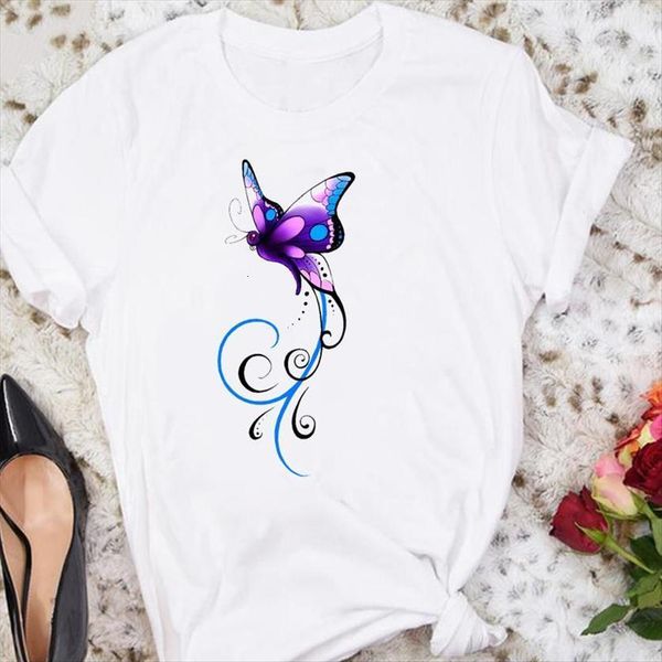 

cartoon short sleeve watercolor womens t shirt butterfly cute summer tshirts fashion clothes graphic lady print tee, White
