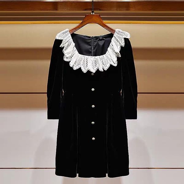 

vintage black velvet dresses for women 2021 elegant lace patchwork square collar long sleeve mini dress female autumn winter casual, Black;gray