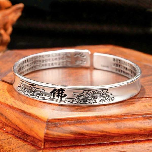 

bangle yizizai retro elegant lotus heart sutra tibetan thai silver religious bangles jewelry for women men good luck gift, Black