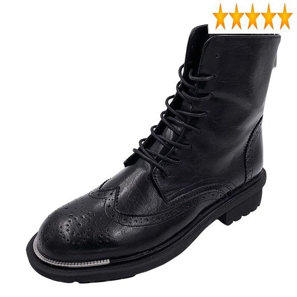 

boots woman leather shoes england style black lace up biker ankle brogue fashion winter warm botas mujer