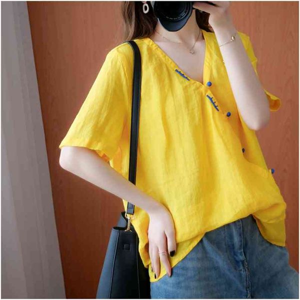 

summer arts style women short sleeve loose v-neck t-shirt cotton linen vintage tee shirt femme big size m26 210512, White