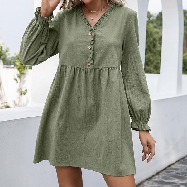 

casual dresses boho women's summer dress ruffle cotton and linen vintage long sleeve v-neck midi streetwear female robe Ã©tÃ©, Black;gray