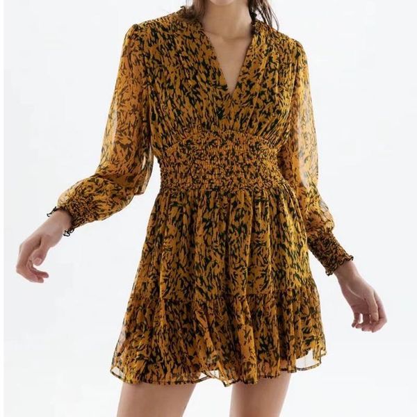 

casual dresses fashion women vintage print elastic waist dress long sleeve v neck short vestido mujer ladies, Black;gray