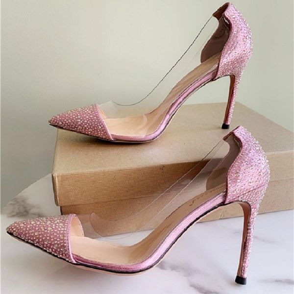 

sandals spring 2021 transparent pointed toe stilettos shallow mouth banquet dress women's single shoes large size, Black