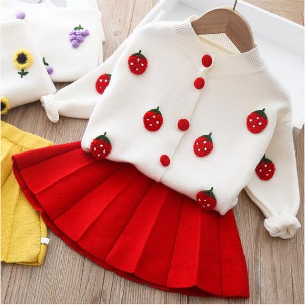 

fashion skirts sets children's clothing 2022 spring new girls baby mink fleece sweater+knitted short skirt 2 piece suit 3 color, White