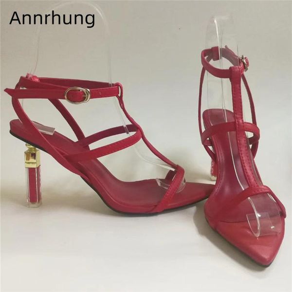 

dress shoes pointed toe open sandals women genuine leather t-strap individual lipstick heel strappy party woman, Black