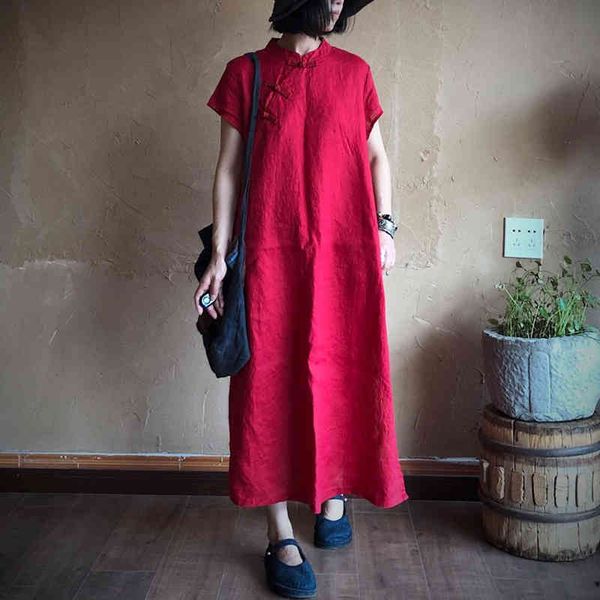 

johnature women loose vintage dress casual o-neck short sleeve summer linen retro red dresses 210521, Black;gray