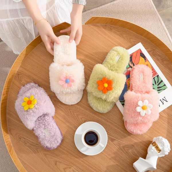 

flock flat slipper female shoes woman house slippers for women fur slides wholesale 2021 fashion winter women's, Black