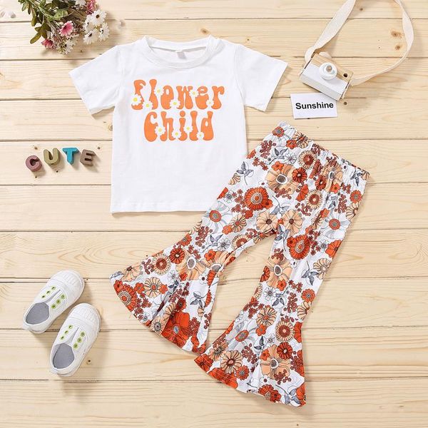

summer 2021 girls clothing sets kids t-shirt + printed flare pants suits children short sleeve girl clothes 3-7 years 2 pcs suit, White