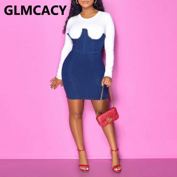 

women casual long sleeve patchwork denim dress slim stretch mini chic dresses 210702, Black;gray