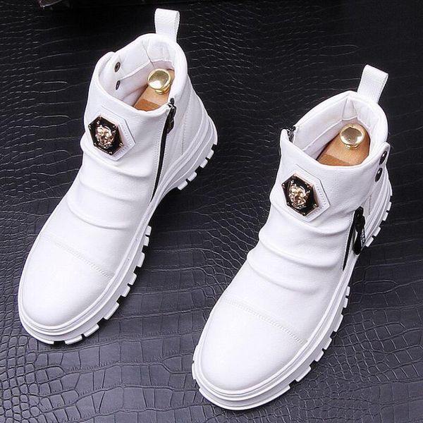 

new platform white loafers high-end leather boots anti-wrinkle party wedding shoes punk comfort shoe, Black