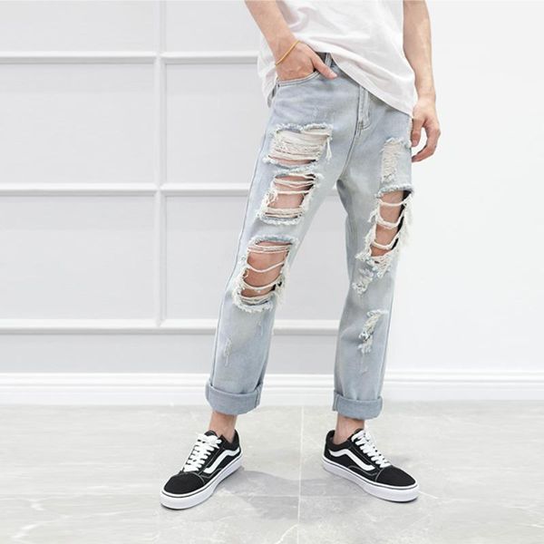 

japanese korean version of the tide male nine pants hip-hop big hole knees couple jeans personality nightclub men's, Blue