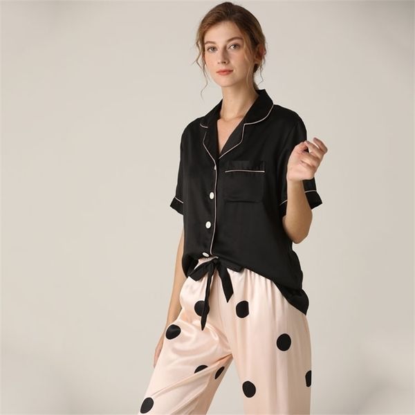 

lisacmvpnel spring pajamas woman silk suit short sleeve trousers loose high archives sleepwear 211103, Black;red