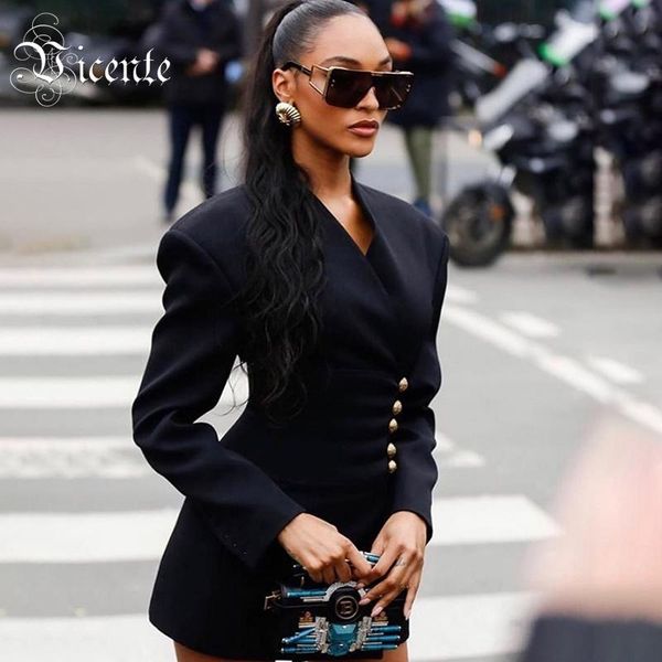 

casual dresses vc all 2021 chic button design long sleeves celebrity party club black blazer dress, Black;gray