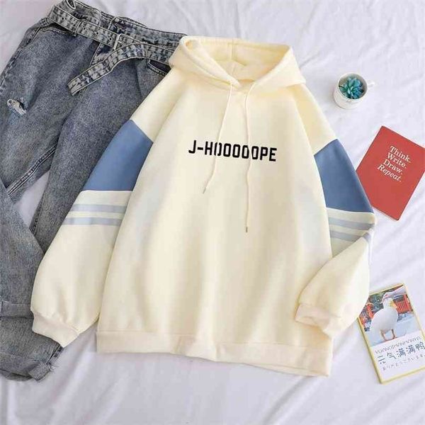 Bangtan Boy Kpop Hoodies Casual Buchstaben J-HOOOOOPE Gedruckt Frauen Winter Fleece Sweatshirt Hoody Hit Farbe Patchwork Pullover 210803