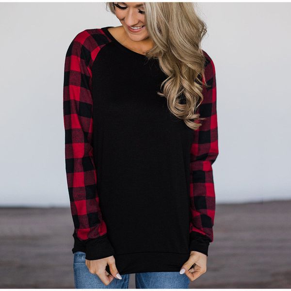 

plaid long sve cvc pull frame t-shirt women's women's winter casual t-shirt, White