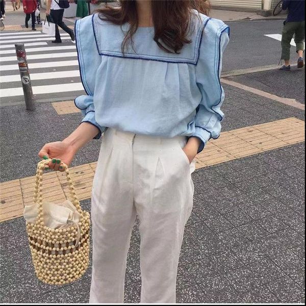 

chic early autumn women shirts preppy style color hit sweet fashion sailor collar puff sleeved all match, White