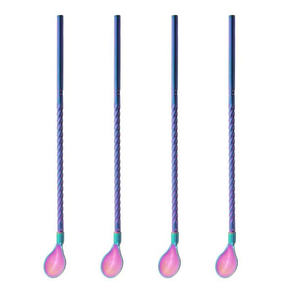 

drinking straws 4pcs multicolor long straw spoon 18/10 stainless steel straight reusable bar party cocktail coffee stirring