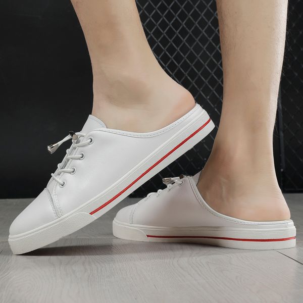 

man women fashion casual mules male female the same style breathable half loafer slipper cow split lace-up half mocassins, Black