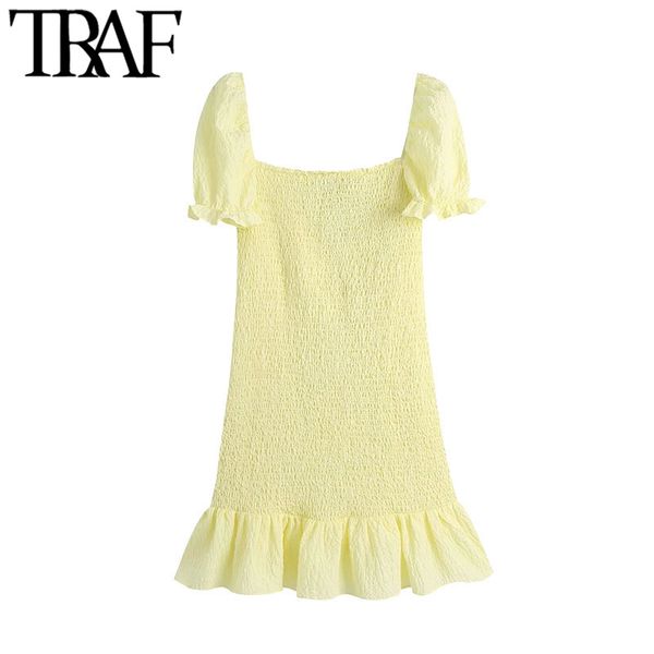 TRAF Women Chic Fashion Smocked Elastic Ruffled Mini Dress Vintage Puff Sleeve con fodera Abiti femminili Vestidos 210415