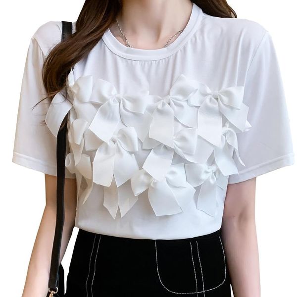 

ladies cute womne clothing o neck tees white 2021 summer t-shirt short-sleeved multiple bows sweet tshirts 828h women's