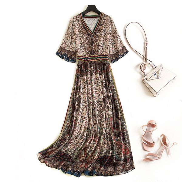 

dresses summer women vintage v-neck printed chiffon dresses ladies flare sleeve long dress boho jc336, Black;gray