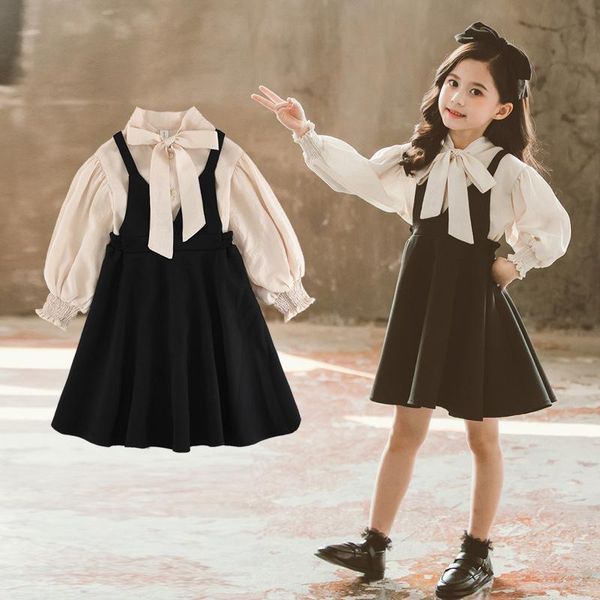 

girl's dresses qunq girls dress spring fall kids party costume bow tie blouse suspender two piece children princess clothes, Red;yellow