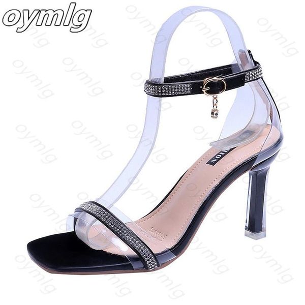 

women's sandals summer high heeled style women fashion one line buckle square head open toe thin heel and dress shoes, Black