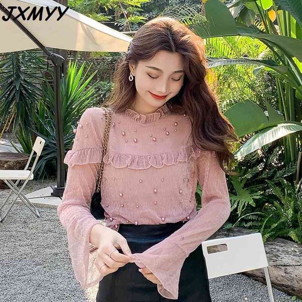 

little fairy chiffon shirt spring dress age reduction design sense trumpet sleeve bottoming tide jxmyy 210412, White