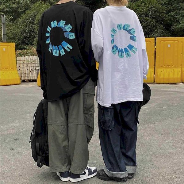 Punk Tişörtleri Severler Giyim Sonbahar 3D Mektup Baskı Kore Gevşek İç Uzun kollu T-Shirt Erkekler Kadınlar Yüksek Sokak Gömlek 210526