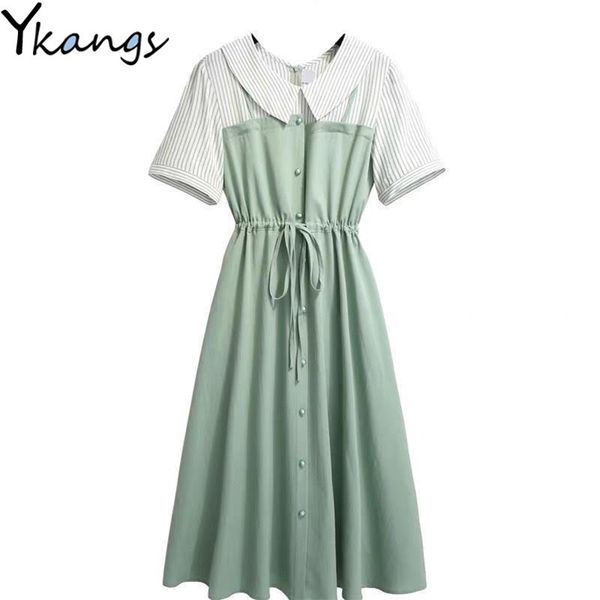 

plus size 4xl summer women stripe dresses fake two pieces patchwork a-line short sleeve dress female adjustable waist 210421, White