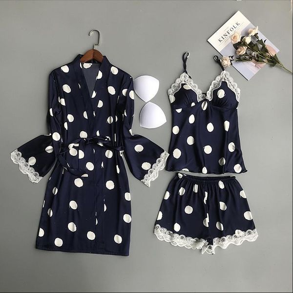 

julys song 3 pcs womens sleepwears pajamas set polka dot lace robe nightwear strap sling shorts spring summer sleepwear, Black;red