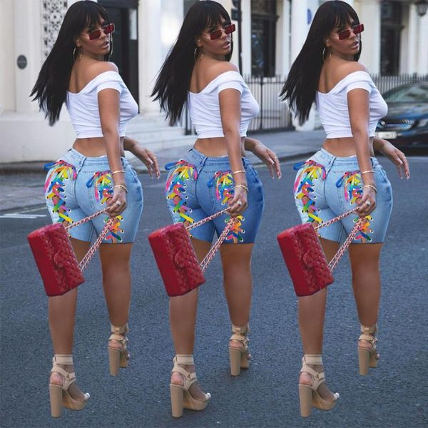 

women's jeans european and american plus size fashion personality high waist tie denim shorts, Blue