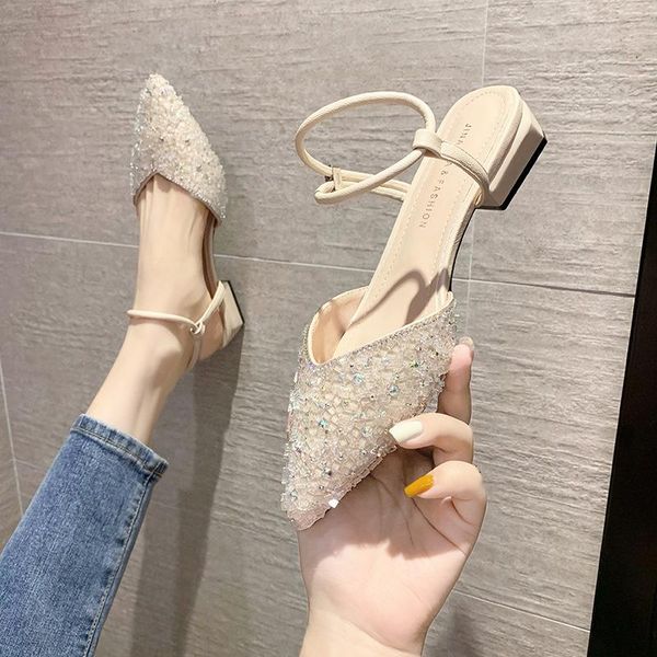 

sandals elastic band 2021 summer two weare low-heeled shoes with strap suit female beige shallow mouth slip-on clear, Black