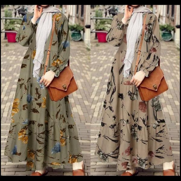 

casual dresses muslim fashion robe print maxi 2021 ladies pleated vestidos floral sleeve sundress loose femme 5xl -40, Black;gray