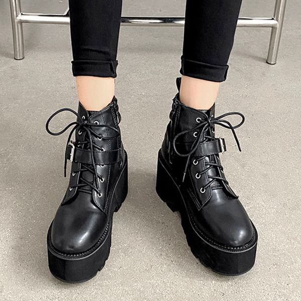 

new arrival female boots balck lace up zipper platform ankle boots women thick bottom buckle strap cool shoes woman, Black