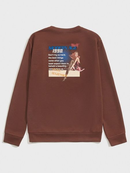

men slogan & figure graphic sweatshirt j3s7#, Black
