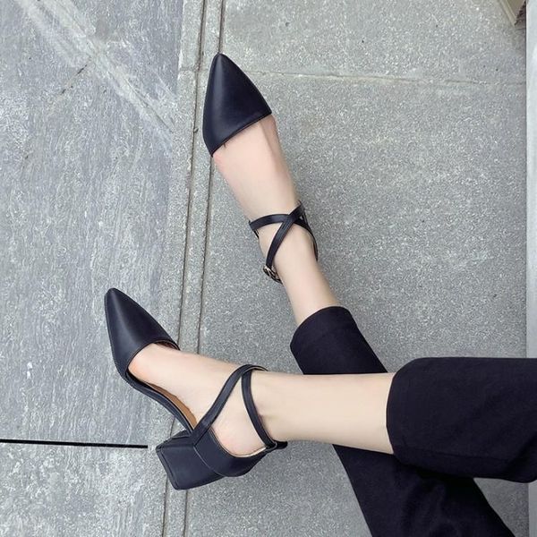 

summer european station tide fashion pointed cross strap sandals thick heel high casual women's shoes, Black