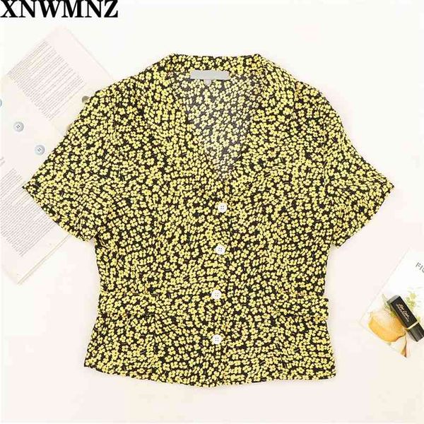 

women fashion chiffon casual print blouse girls ladies summer notched buttons short female streerwear cropped 210520, White