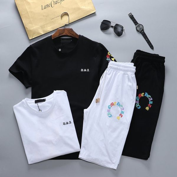 

2021 fashion casual suit summer short sleeve shorts ice silk sports two-piece set logo handsome men's wear m-3xl#09, White;black